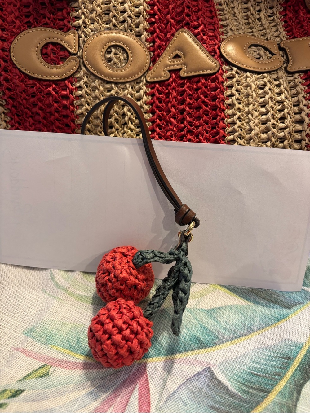 Coach Red Crochet Cherry Charm with Green Braided Leaves